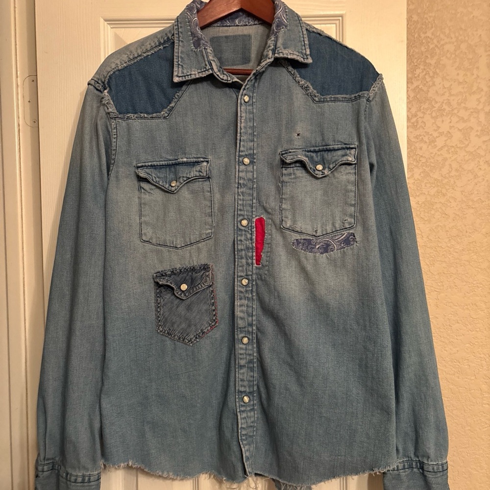 American Vintage Upcycled Denim Western Snap Shirt M L Kapital RRL Style Unique